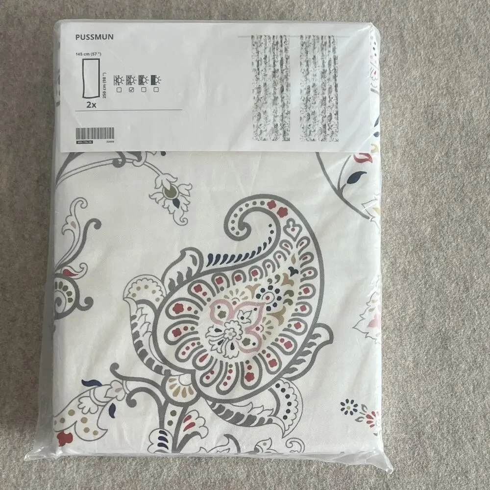 Vintage IKEA PUSSMUN 2 Panel Curtains 145x250cm Cotton White Paisley Floral Rod